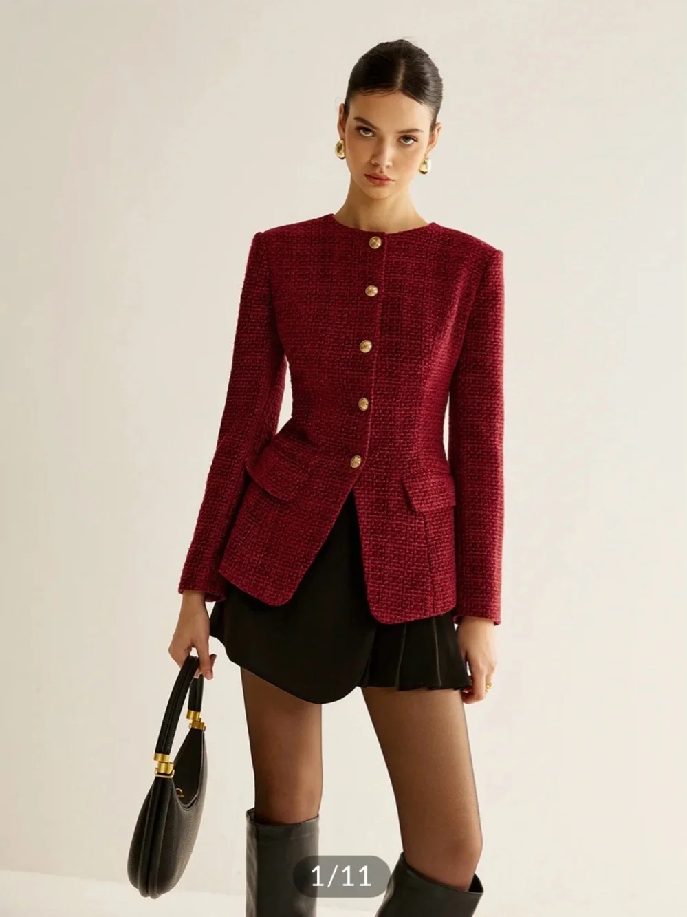Commense Burgundy Button Down Slit Tweed Blazer - Picture 1 of 11
